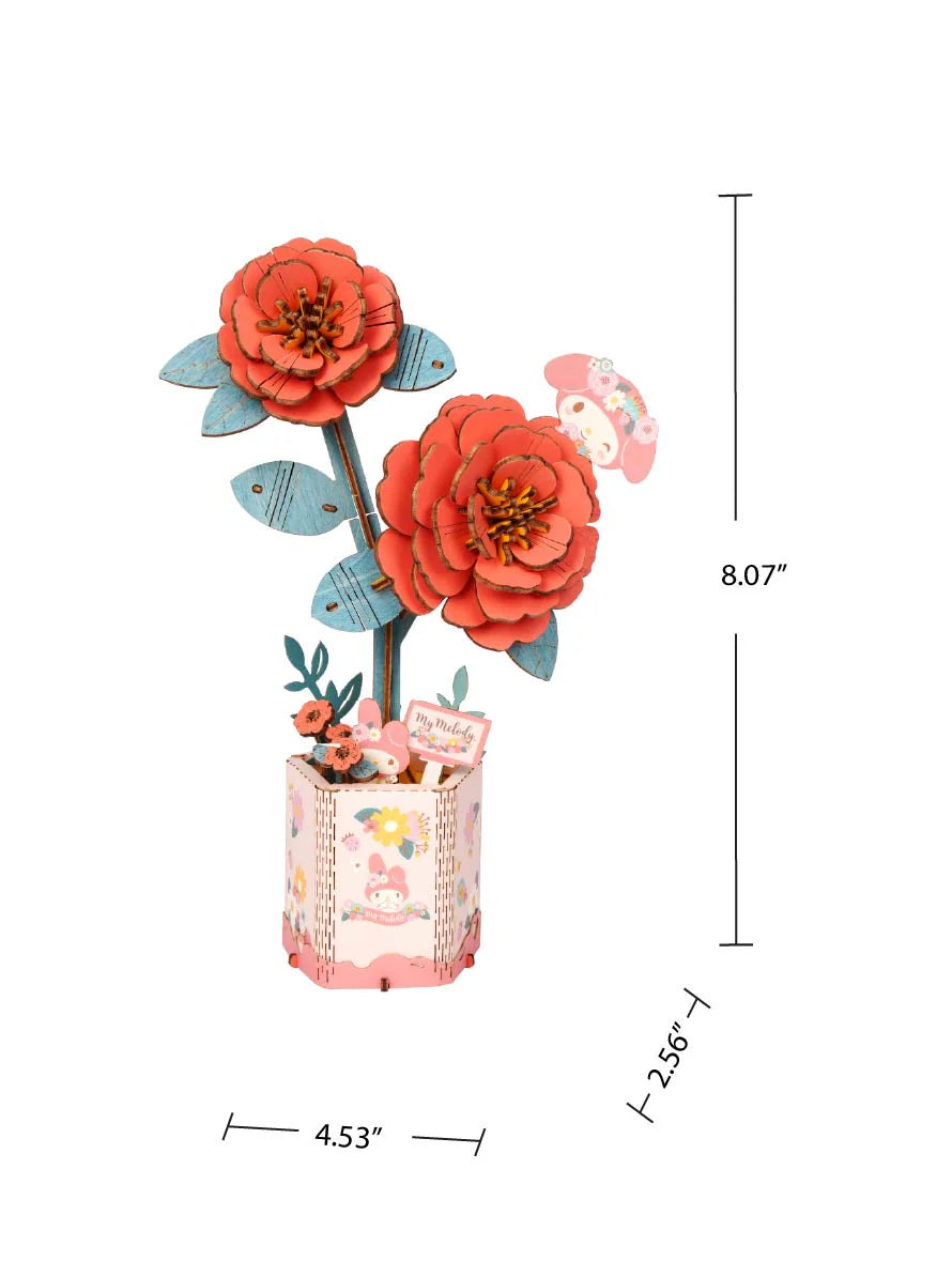 Hello Kitty® and Friends My Melody Red Camellia 3D wooden puzzle features tiered orange-red blooms in a decorative pot, perfect for creative assembly.