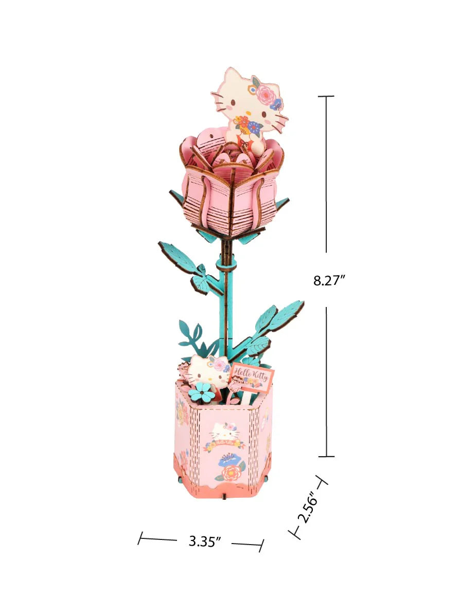 Hello Kitty Pink Rose 3D Wooden Puzzle Kit: A decorative model with a blooming flower revealing Hello Kitty, perfect for craft enthusiasts and fans.