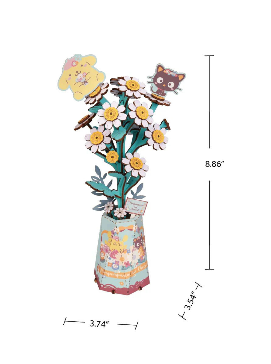 Hello Kitty® and Friends Pompompurin & Chococat Chamomile DIY wooden bouquet kit with daisies and cartoon characters, perfect for Sanrio fans and creative crafting.