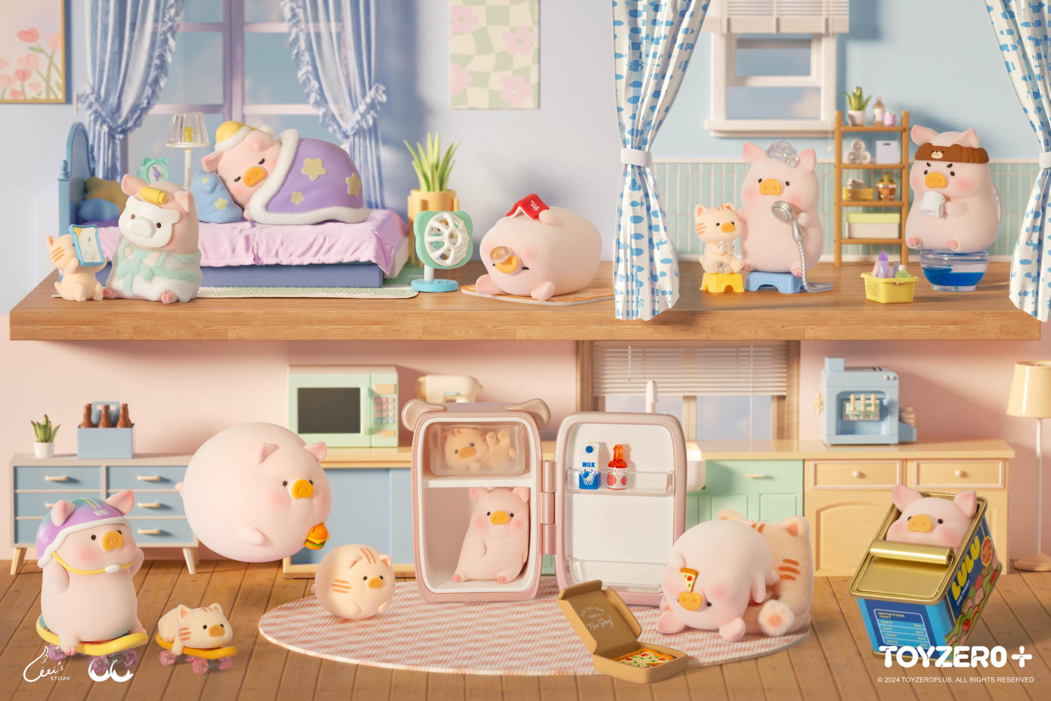 LuLu the Piggy toy from the Stay with You Series, featuring a playful setup in a dollhouse, available for preorder at Strangecat Toys.