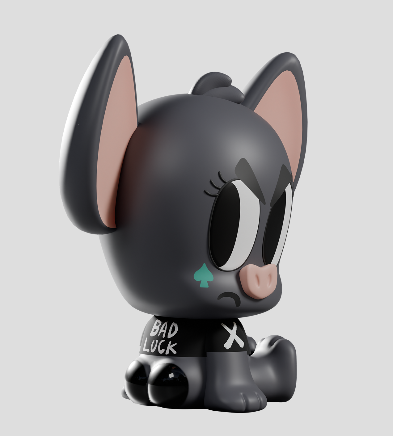 Tiny Shiny Hineys: Badasses Blind Box features a vinyl cat-like figure with oversized ears, an annoyed expression, and BAD LUCK shirt, embodying mischief.