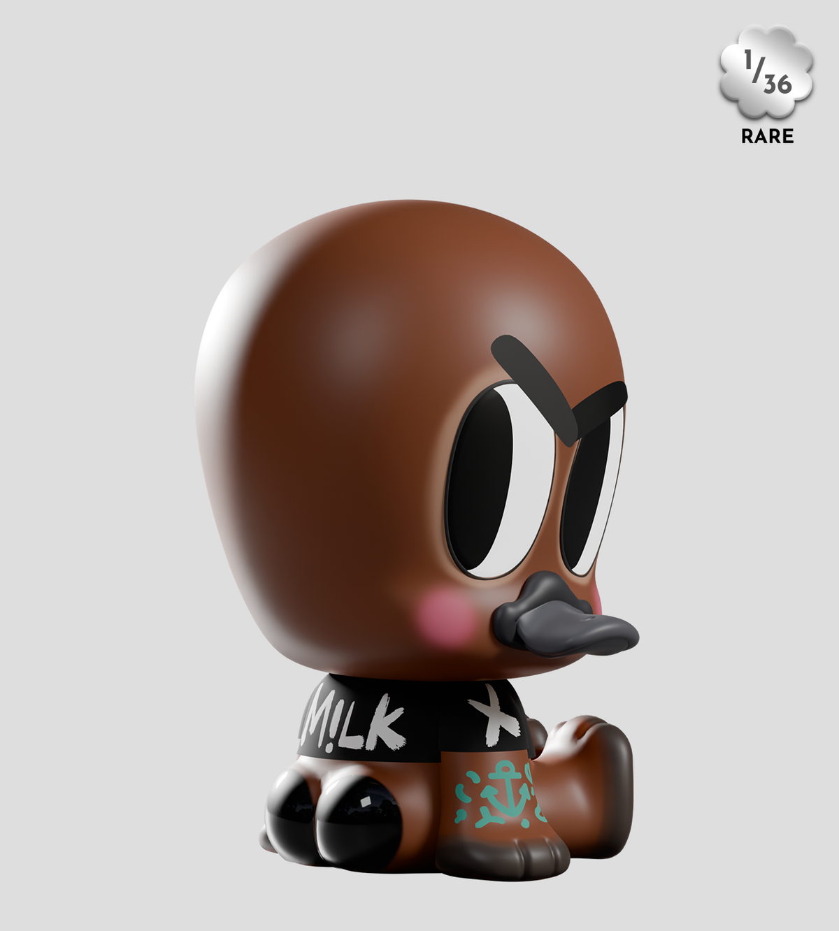 Tiny Shiny Hineys: Badasses Blind Box collectible chibi duck figure in glossy brown, with oversized eyes, black T-shirt, teal anchor tattoo, and silver 1/36 rare badge.