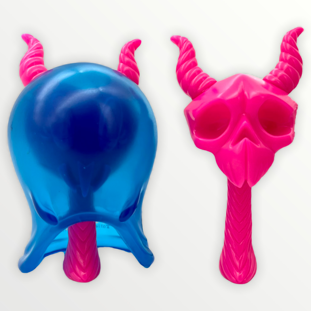 URN sofubi figure set by Scott Tolleson x Nathan Hamill, featuring blue and pink animal figures, limited edition of 75, from Strangecat Toys.
