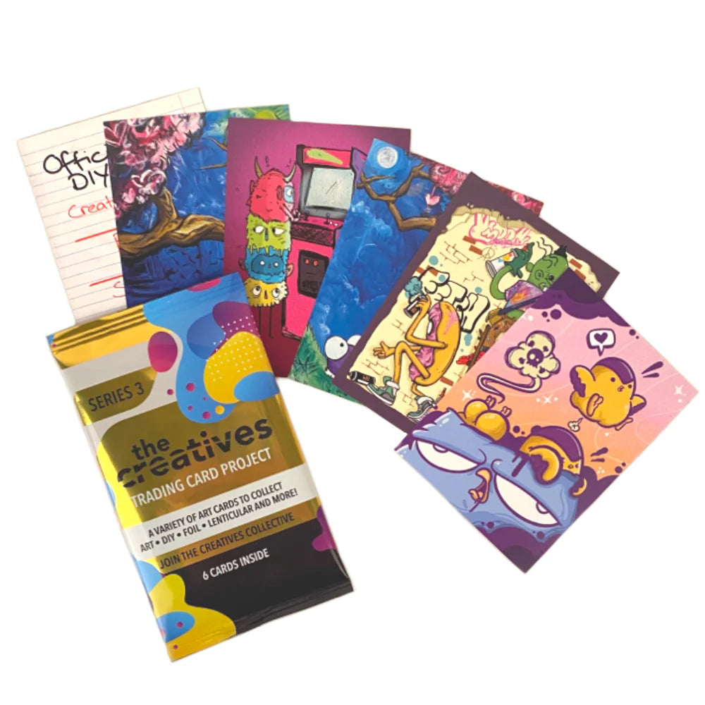 Close-up of The Creatives: Trading Card Project - Series 3 pack showcasing artistic cards featuring diverse creators, perfect for collecting and creative collaboration.