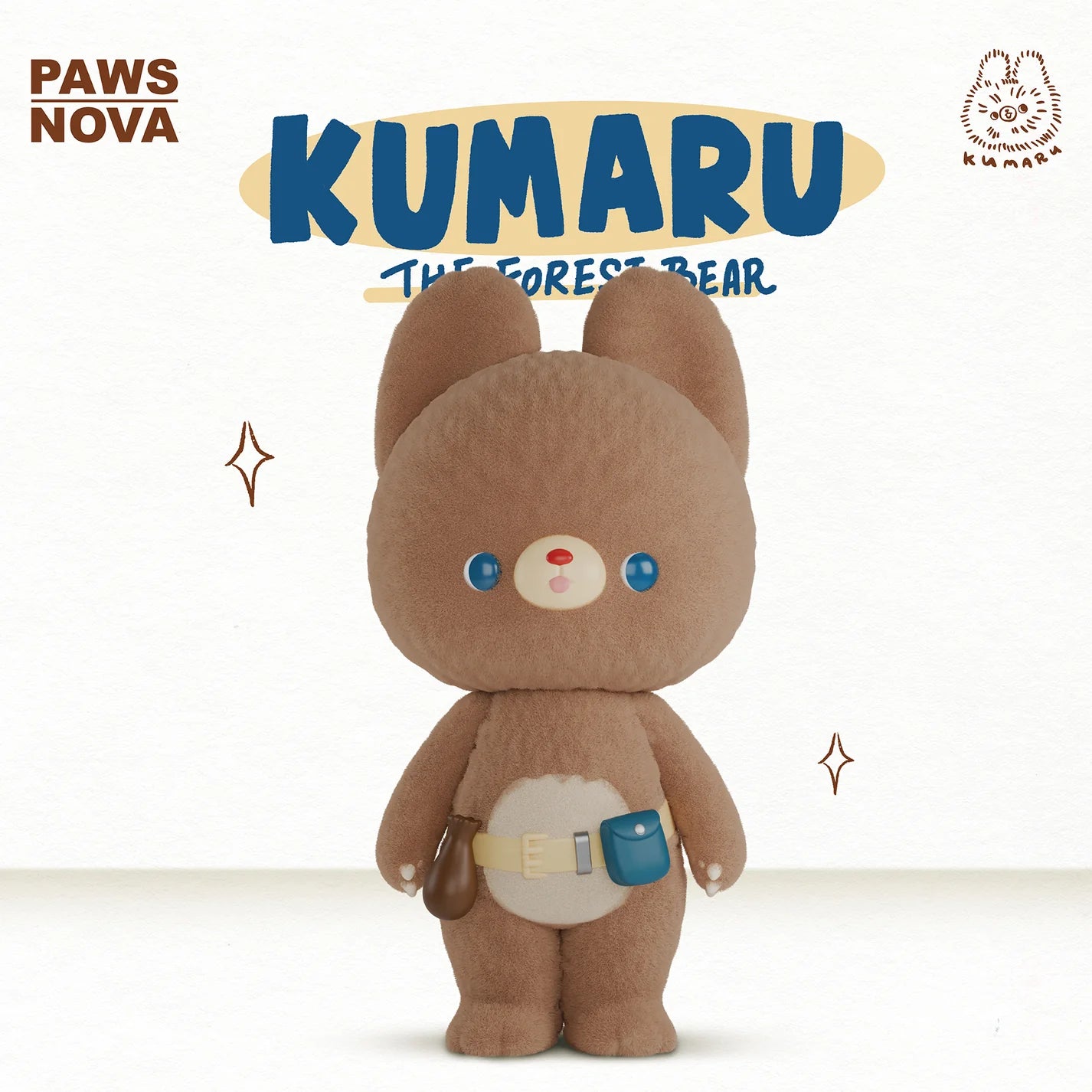 KUMARU THE FOREST BEAR FOREST FIXES - Preorder: Soft bear plush with blue eyes, cream snout, red nose, belt with tiny pouches. 16cm vinyl figure.