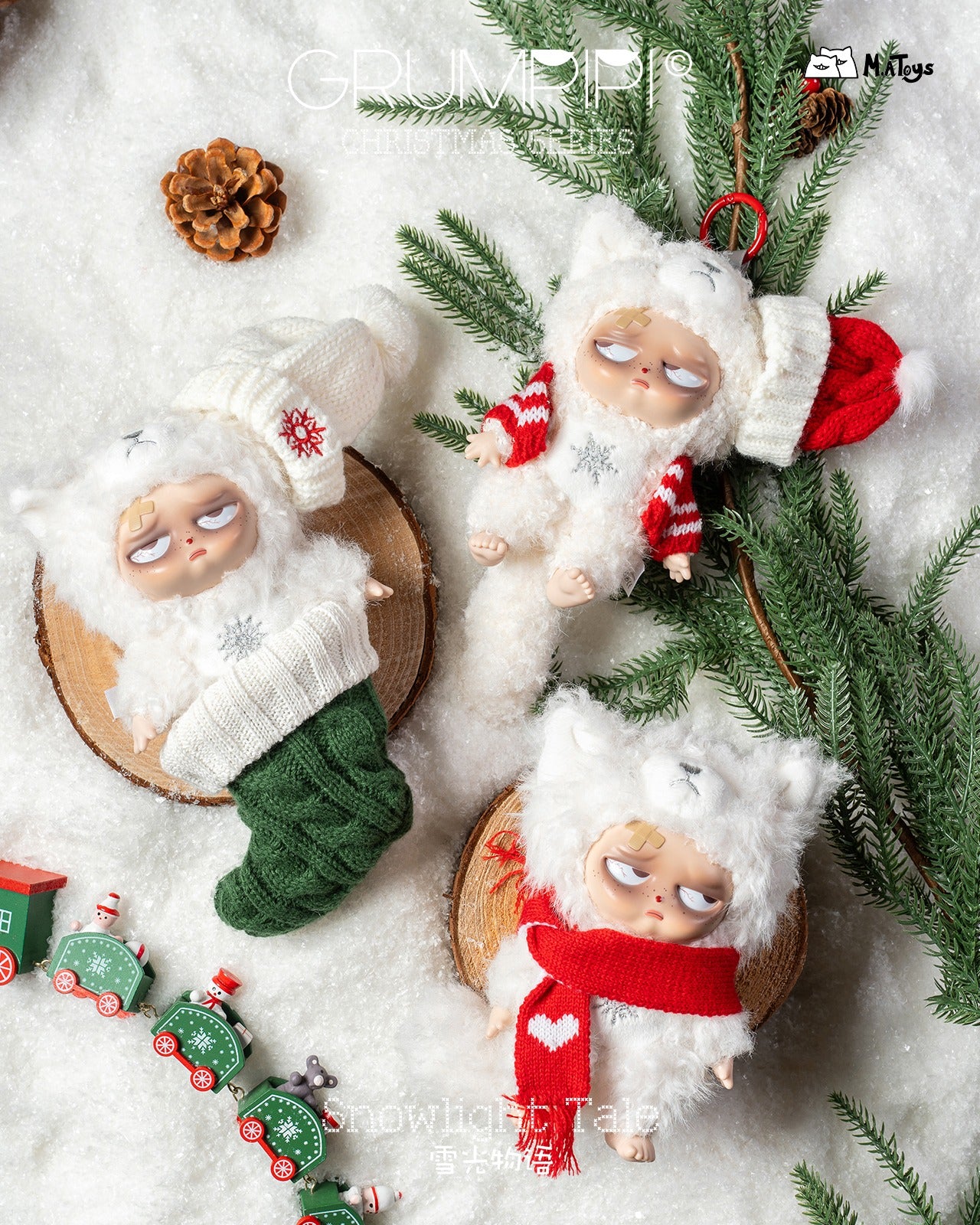 Sleepless Grumpipi Christmas Plush Blind Box Keychain dolls in festive poses: green stocking, ornament hang, and scarf-wrapped, surrounded by snow and holiday decor.
