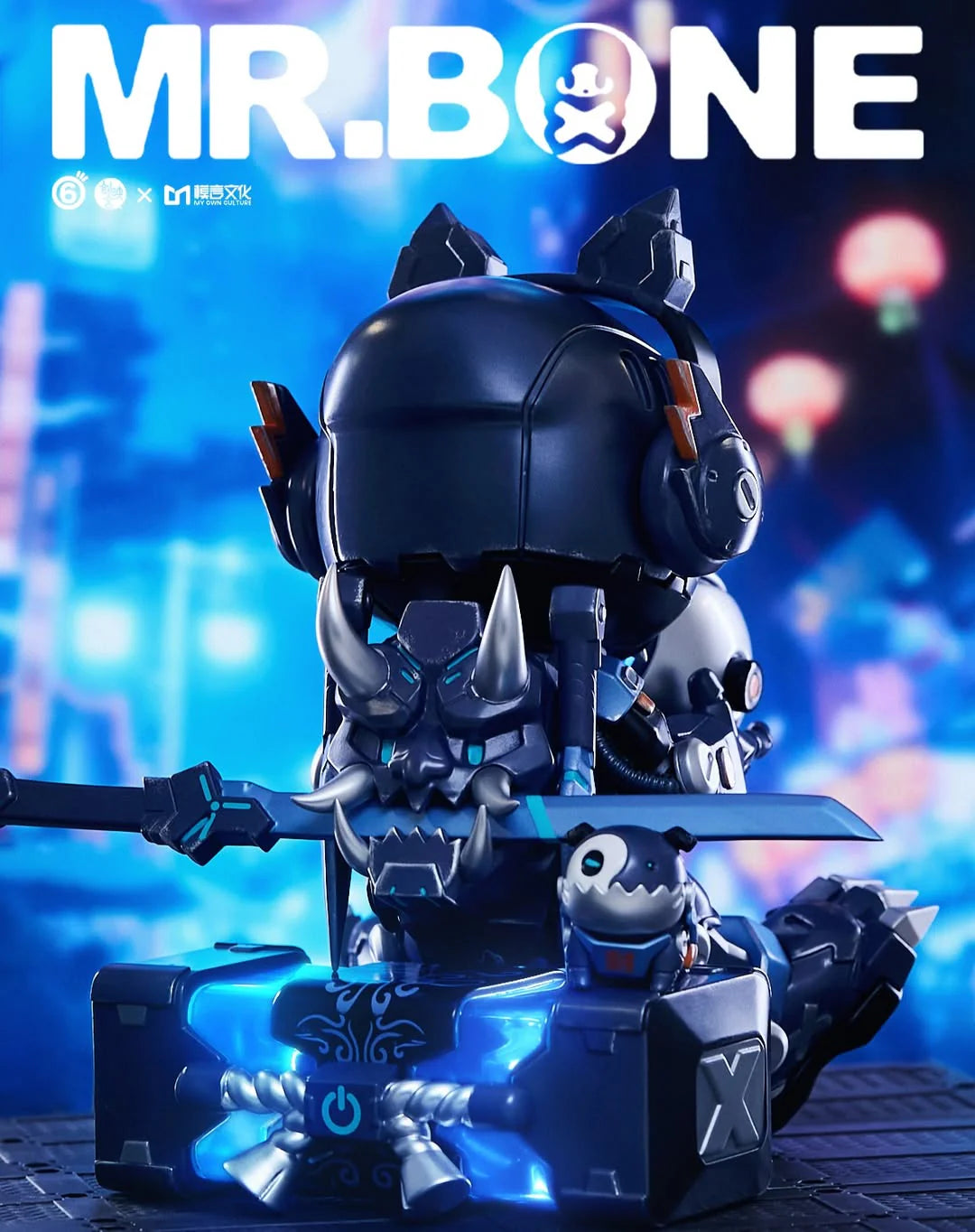 MR. BONE - Shadow Blade Limited Edition: Robotic samurai head with katana on neon-blue crate, accompanied by a grinning companion figure, limited to 300 pieces.