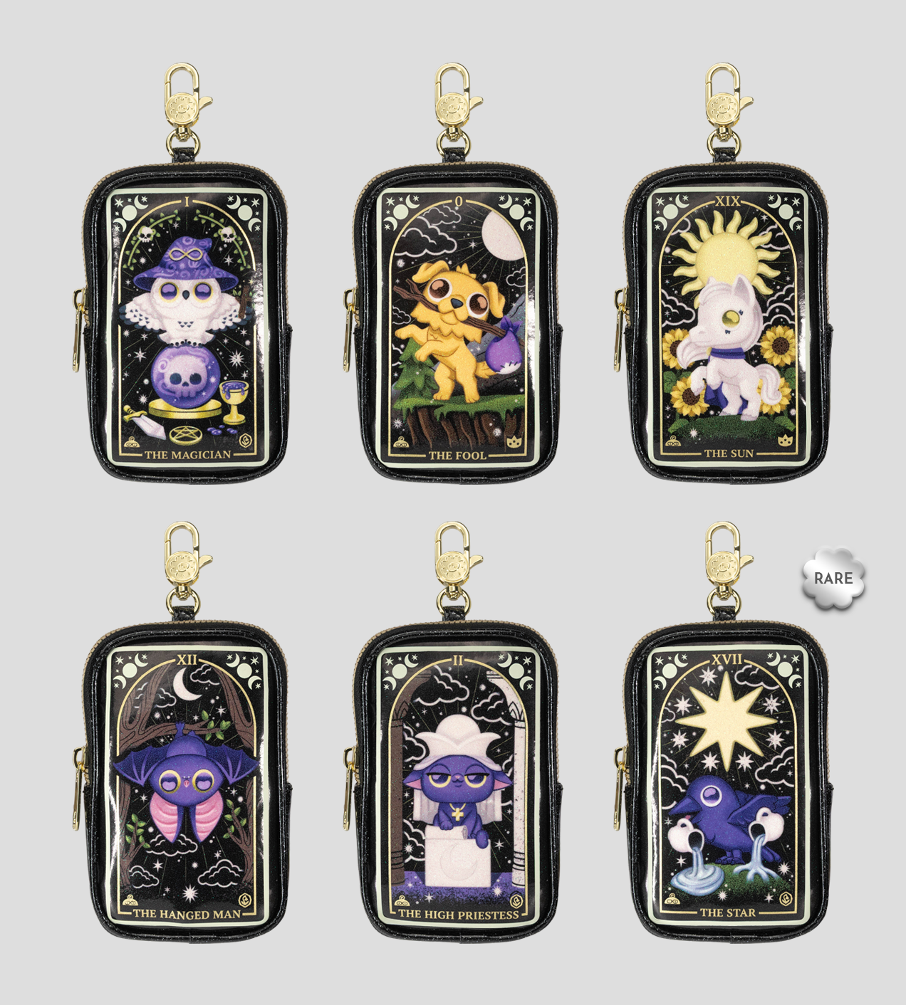 Wild Magic Tarot Mystery Box Coin Bags featuring six tarot-themed keychain pouches with whimsical animal designs, gold clasps, and a surprise blind box element.