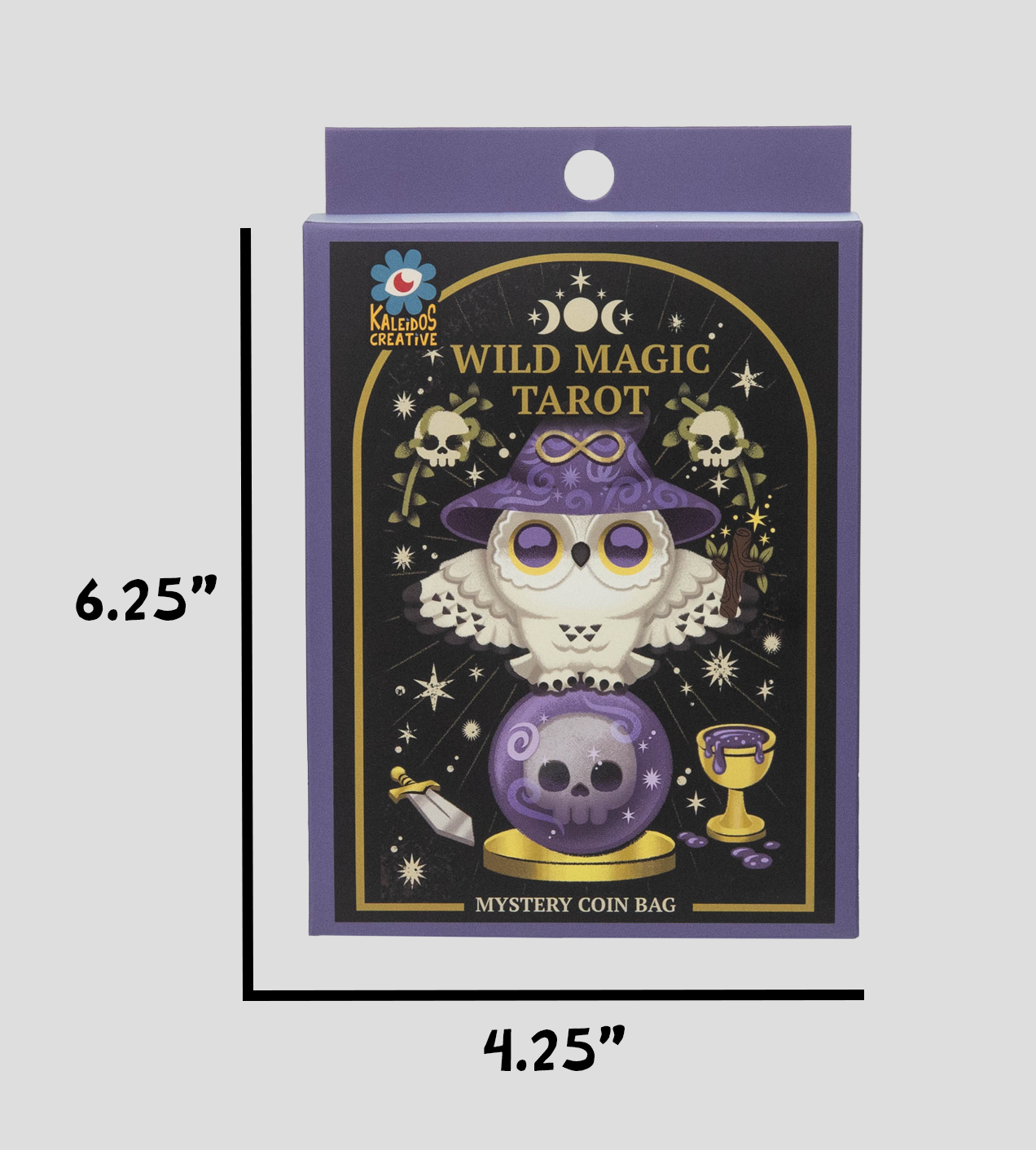 Wild Magic Tarot Mystery Box Coin Bags, featuring a white owl on a crystal ball, tarot imagery, and purple box design. Includes surprise designs and gold-toned zippers.