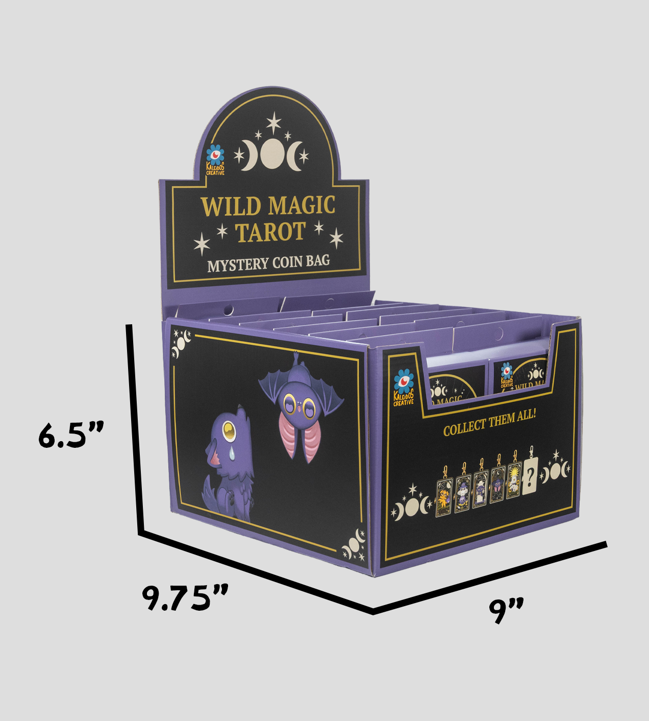 Wild Magic Tarot Mystery Coin Bags display with tarot-style pouches, featuring stylized creatures and mystery designs in a purple and black box.