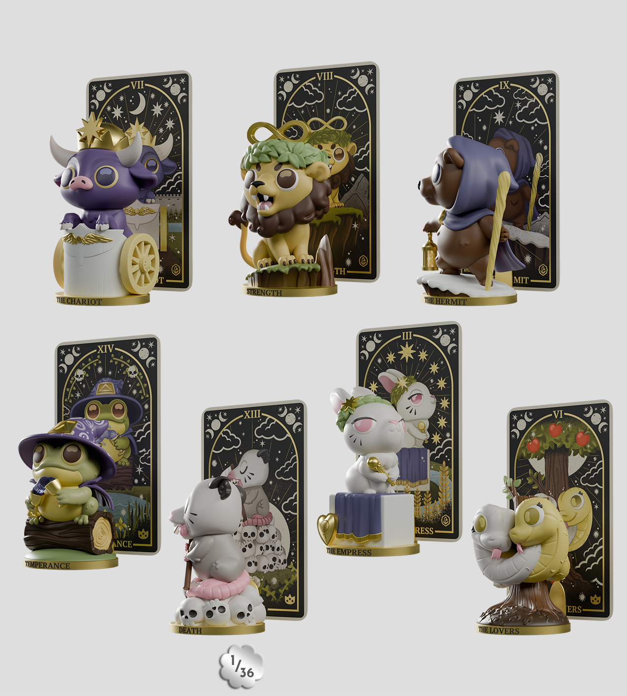 Wild Magic Tarot Volume 2 Blind Box features seven vinyl animal figurines, each with a Major Arcana tarot card backdrop, emphasizing mystical symbolism.