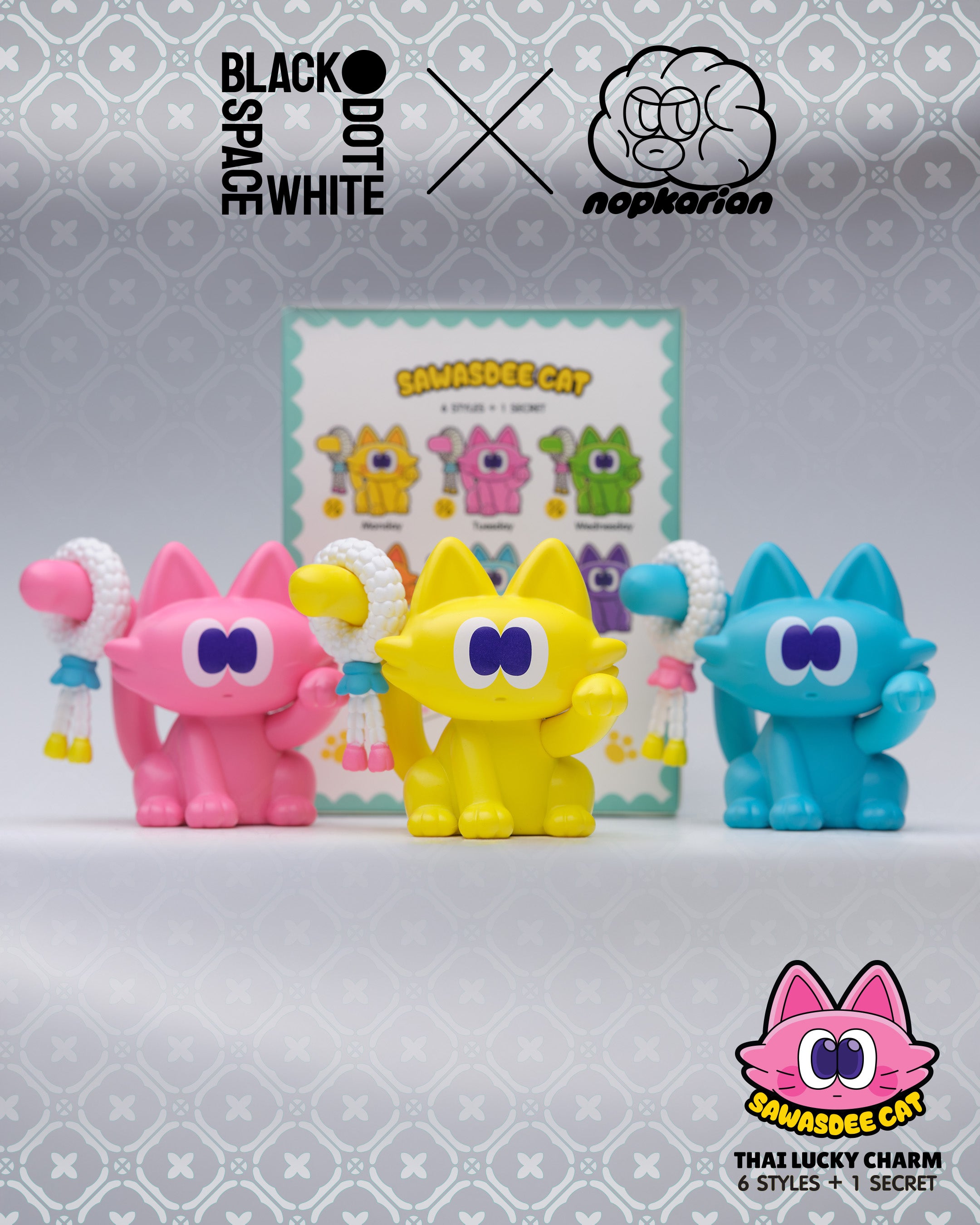 Sawasdee Cat Blind Box Series toy featuring a cartoon cat with distinctive purple eyes, part of a collectible set with regular and secret designs.