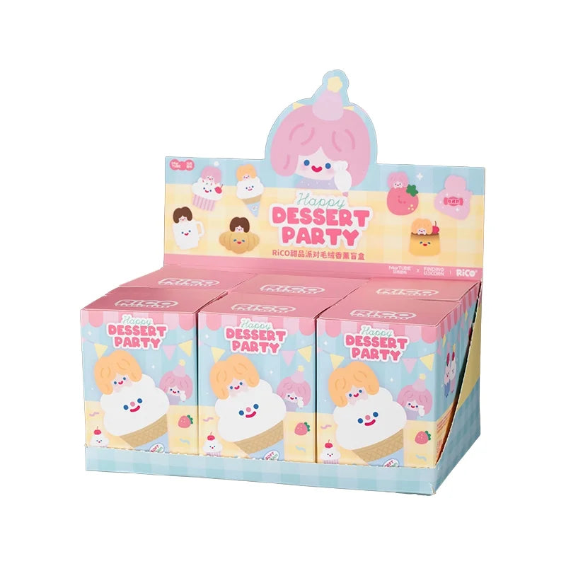 FINDING UNICORN RiCO Dessert Party Plush Aromatherapy Blind Box display with six packages featuring cute dessert characters, part of a collectible toy series.