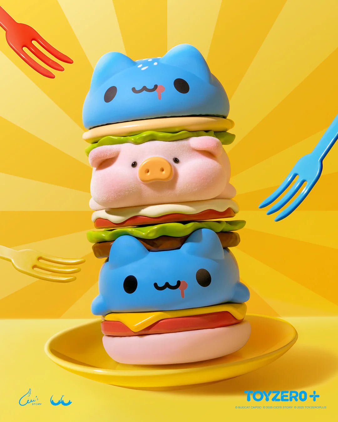 LuLu the Piggy x Capoo - LuLuBurger squishy toys stacked playfully, featuring cat and pig faces with magnetic, detachable layers.
