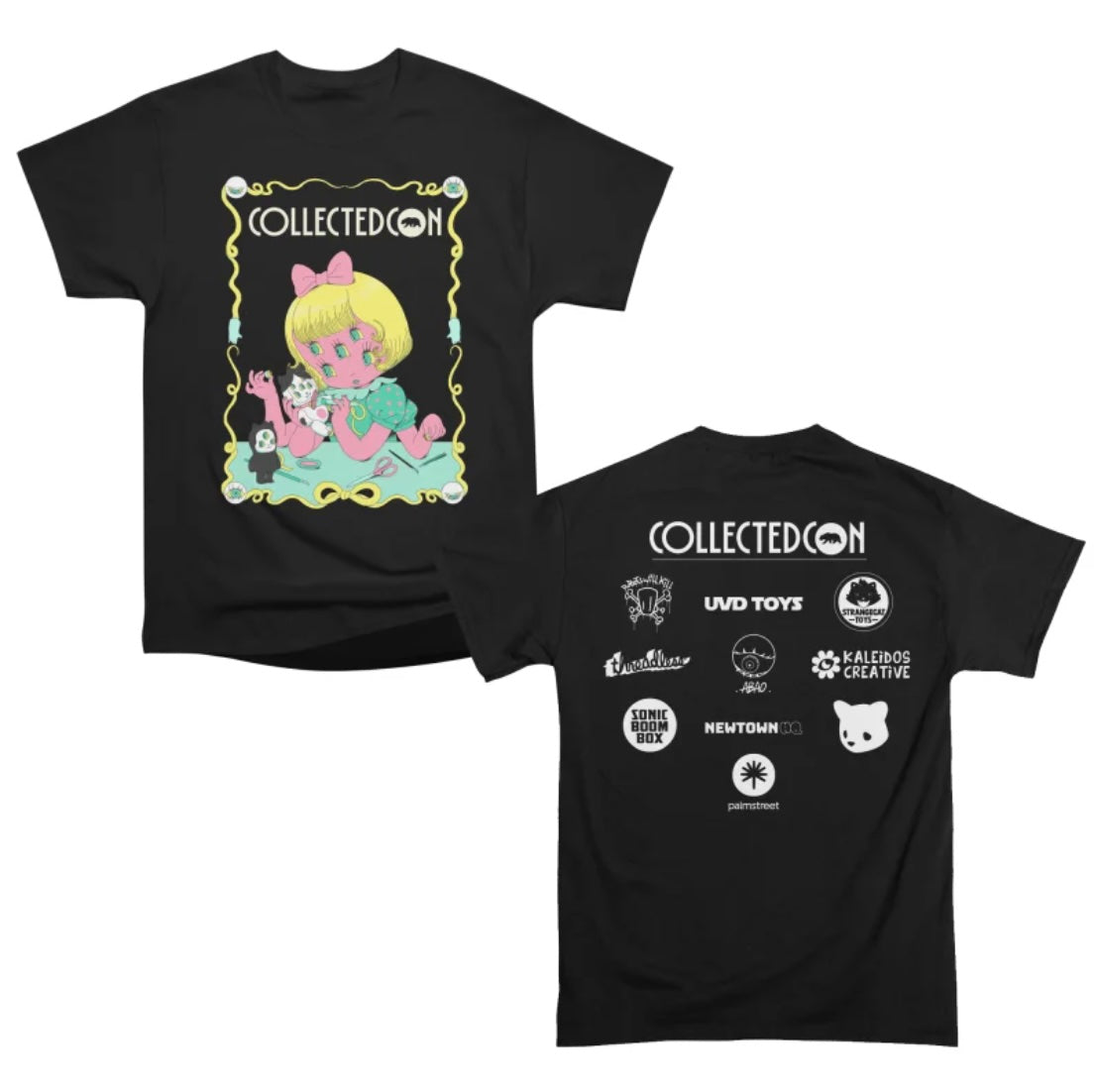 CollectedCon 2026 Shirt Abao - Preorder: Black T-shirt featuring stylized COLLECTEDCON text, surreal cartoon on front, and sponsor logos on the back. Ships May 2026.