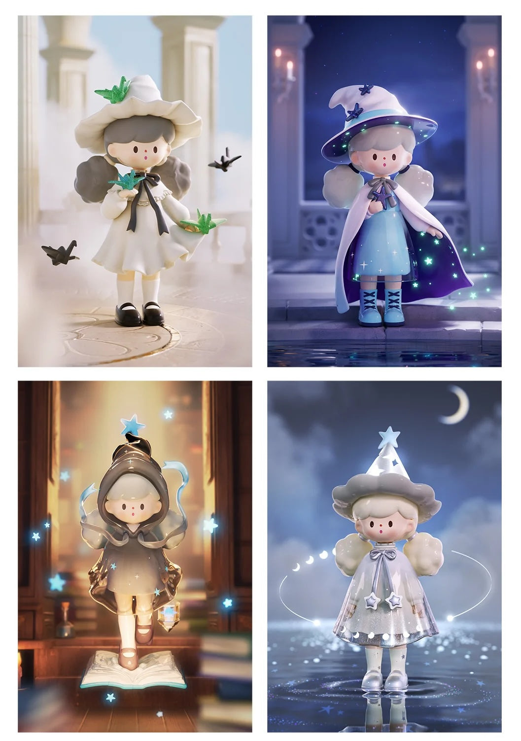 Molinta Chasing Light Series Blind Box: Four chibi magical figures in various outfits and settings, showcasing whimsical styles in a pastel-toned 3D collage.