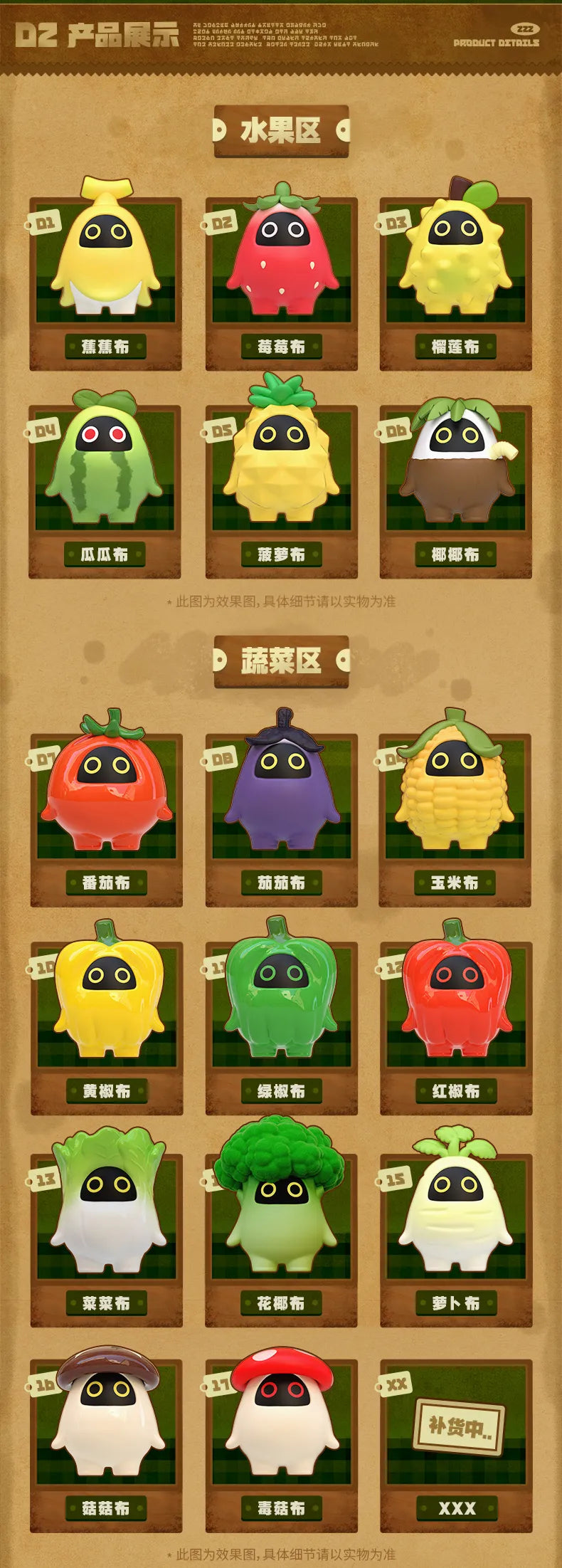 Zenless Zone Zero Bangboo Fruit and Vegetable Kingdom Mini Blind Box poster, showcasing cartoonish fruit and vegetable mascot figures, available for preorder at Strangecat Toys.