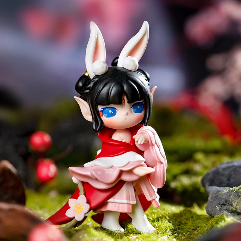 Chibi-style rabbit-eared girl from Paradise Guardians Blind Box Series, wearing a kimono-inspired dress, standing on a mossy base with decorative elements.