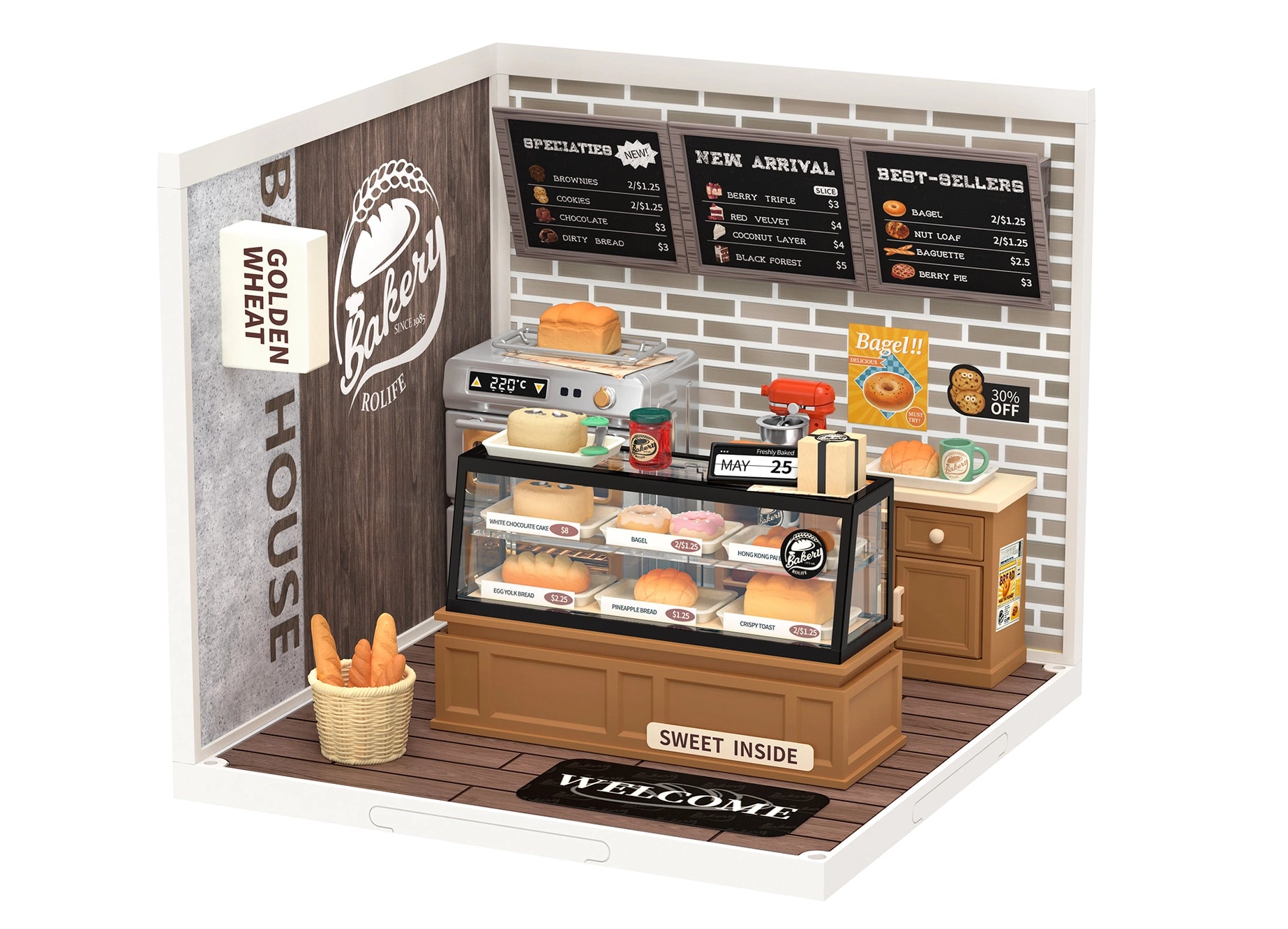 A bakery scene with bread, a basket, a jar, and a display case, featuring a black board and a sign.