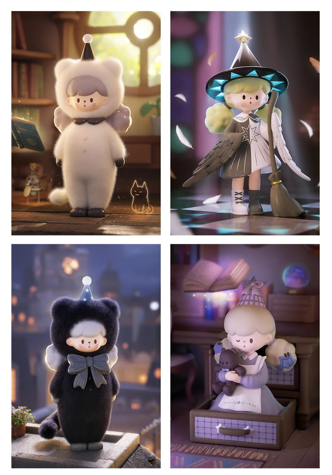 Molinta Chasing Light Series Blind Box: Four whimsical 3D toy characters in fantasy dioramas, each showcasing unique designs from a charming, collectible art toy collection.