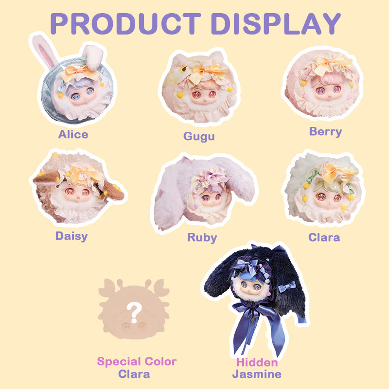 Cat Moni Roro Plush Keychain Blind Box featuring a cartoon-faced stuffed animal, part of a collectible series with potential for secret designs.