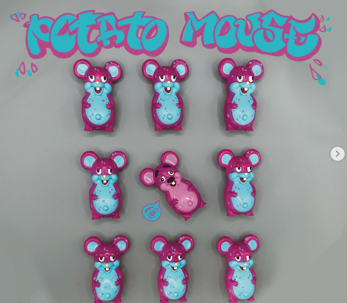 Potato Mouse Resin Blind Bag by POTATO MOUSE features nine vinyl art-toy mice in a 3x3 grid, with one uniquely pink-tinted in the center.