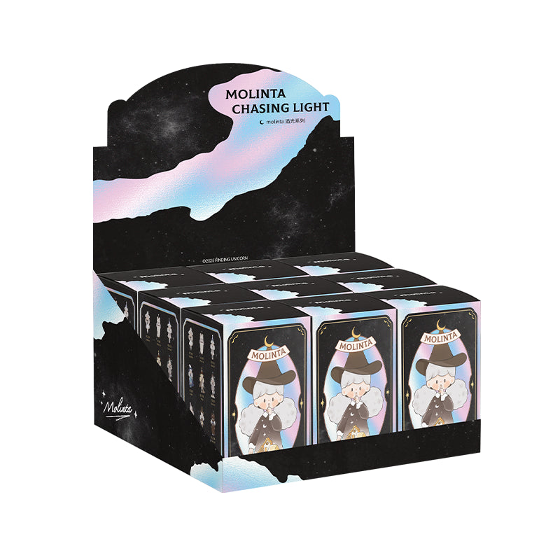 Molinta Chasing Light Series Blind Box display with 12 pastel packages, featuring chibi wizards for preorder, offering 9 designs plus 2 secret figures.