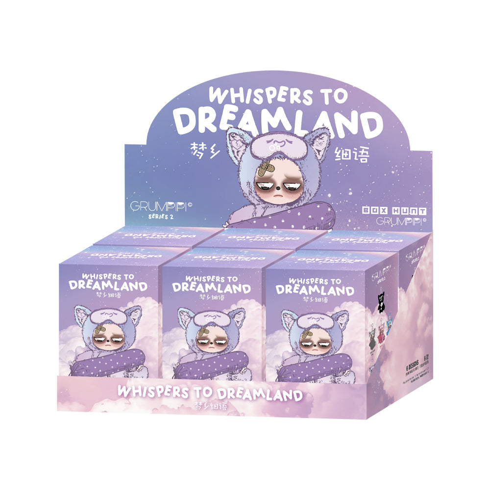 Sleepless Grumpipi Whispers to Dreamland Plush Blind Box Keychain display with grumpy character in animal hood, perfect for collectors and toy enthusiasts.