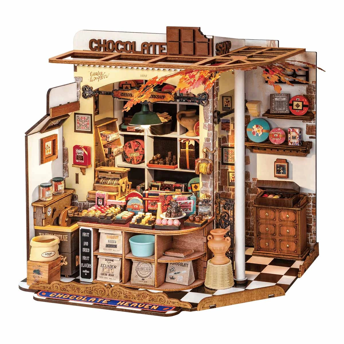Miniature diorama of DG174 Henry's Chocolate Rolife DIY Miniature House featuring a quaint chocolate shop with detailed counters, shelves, and vintage decor, perfect for art toy enthusiasts.