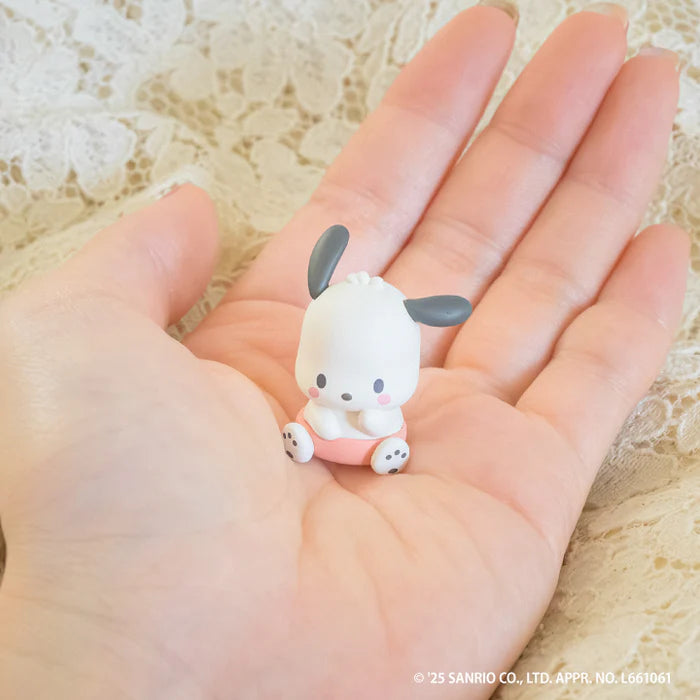 Sanrio Characters Baby Room Collection 2nd Edition Gacha Series figurine of Pochacco in a pink bowl, held in hand.