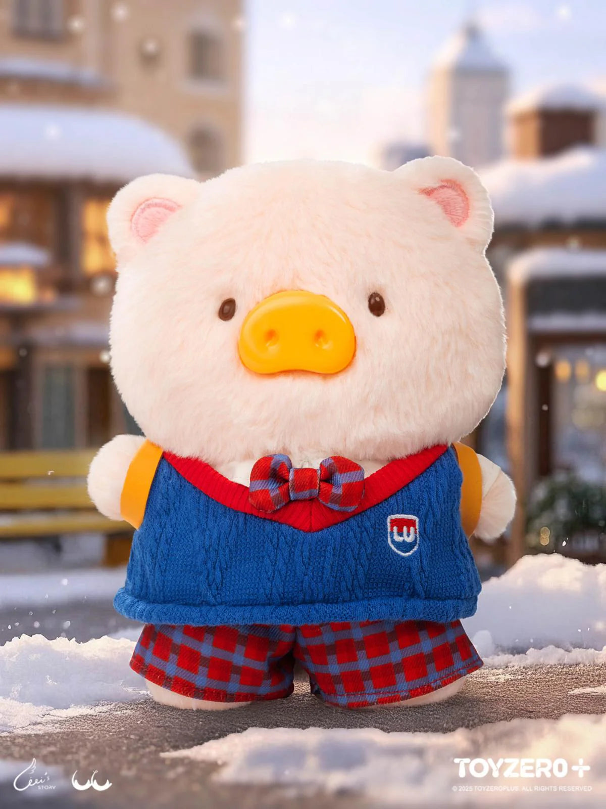 LULU THE PIGGY OOTD - CLOTHES SET (SCHOOL UNIFORM SET) - Preorder; stuffed animal dressed in plaid shorts and bow tie, set on snowy ground.