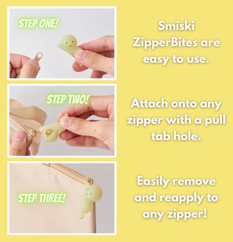 Smiski ZipperBites keychain glowing in the dark, attached to a zipper, with a close-up of a hand demonstrating the attachment.