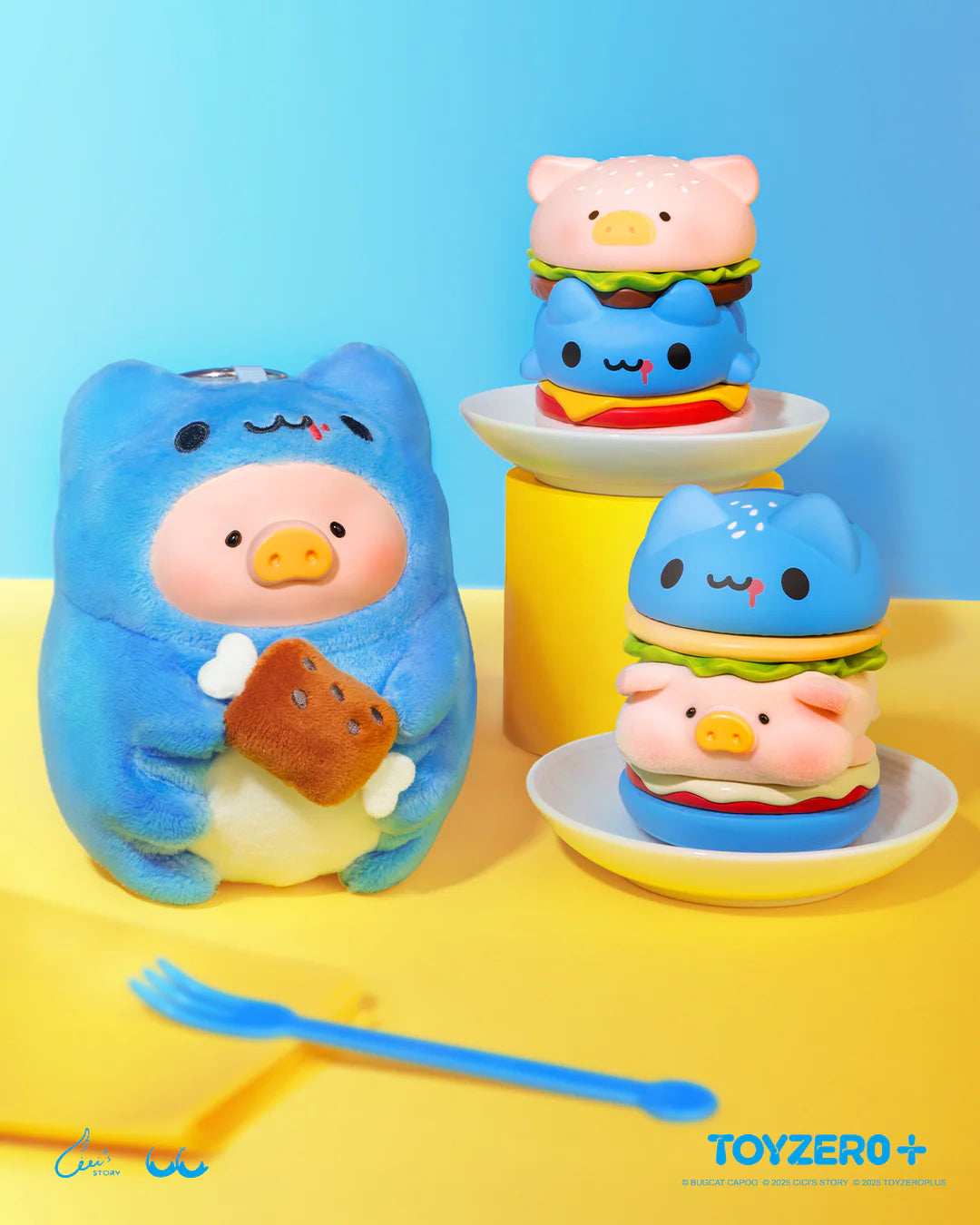 LuLu the Piggy x Capoo - LuLuBurger toys featuring plush pig character with squishy burger layers on plates, highlighting a playful, collectible design.