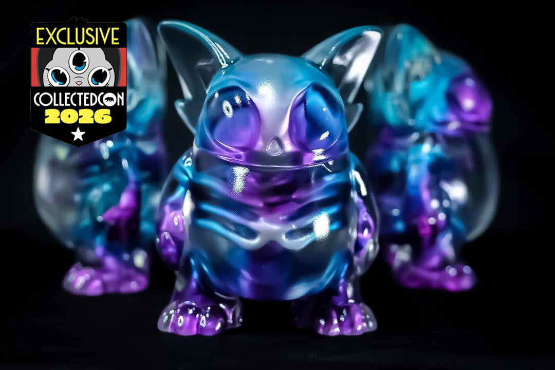 Oddy Cosmic Bone by Iky: Glossy vinyl figures with galaxy finish, big eyes, alien-like features, and exclusive badge from CollectedCon 2026. Limited 20 edition, 4-inch size.
