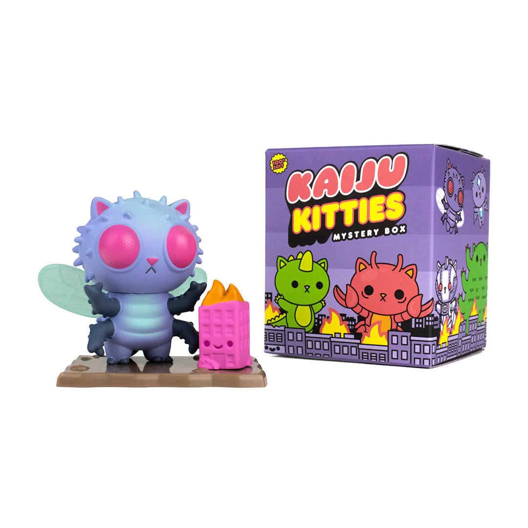 A blind box series from 100% Soft, Kaiju Kitties Mystery Box Series 1, featuring toy figurines of trash kitties, cartoon cats, and more. Adopt all 9 with 3 secret figures.