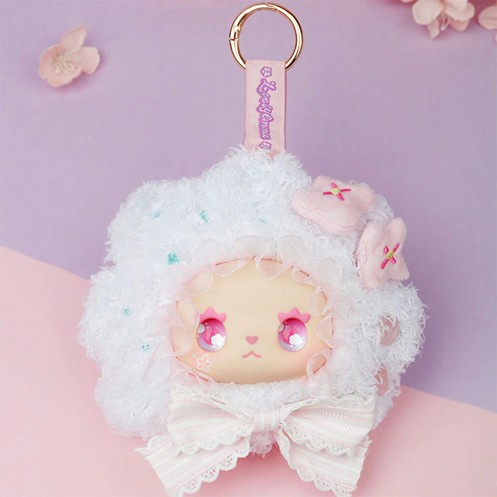 Lovely EMMA Floral Seasons Series plush key-charm with starry eyes and floral hood, featuring a striped bow and gold ring. Preorder for end-Nov 2025 shipping.