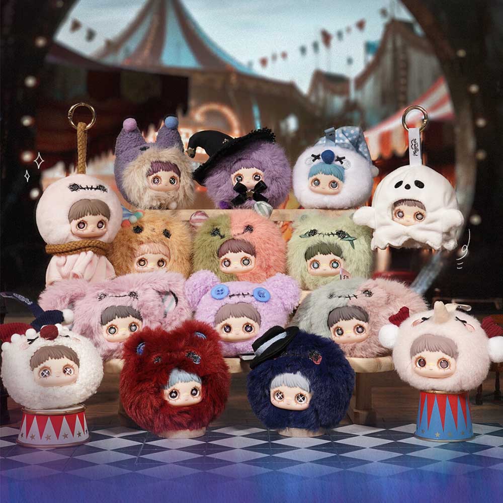 MayMei Crazy Circus Series Plush Keychain Blind Box features whimsical collectible dolls in animal hoods, showcased against a themed backdrop, highlighting their unique designs.
