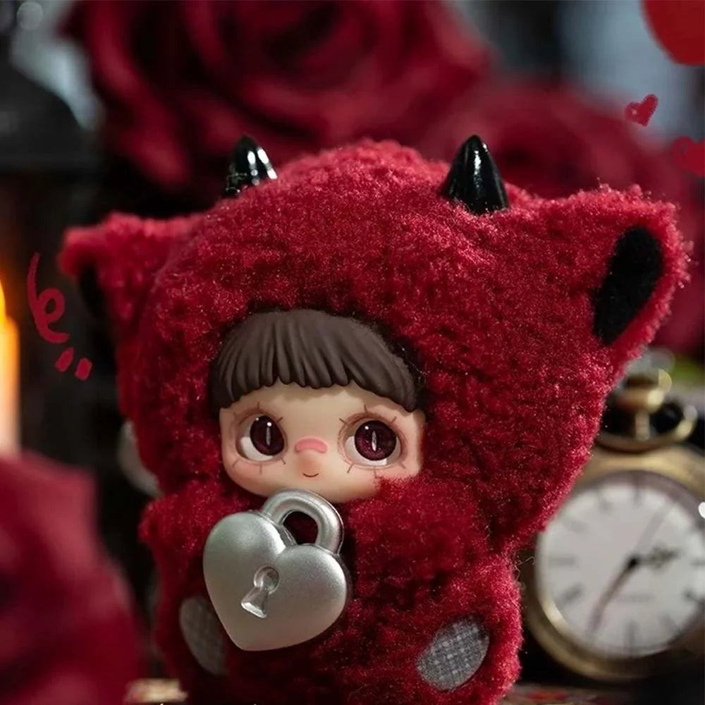 MayMei May I Love You Plush Keychain Blind Box featuring a chibi devilish doll holding a silver heart lock, ideal for collectors.