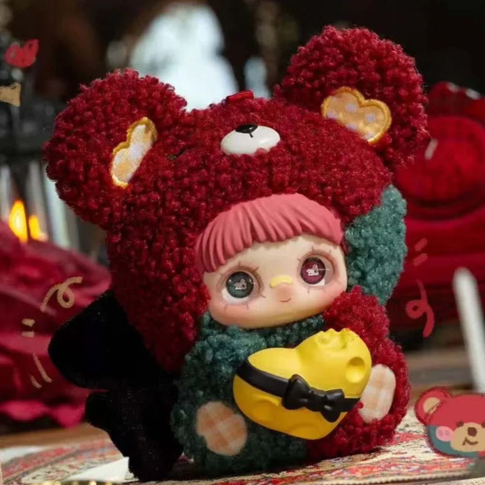 MayMei May I Love You Plush Keychain Blind Box figurine in bear costume, holding a heart-shaped object, ideal for display or gifting.