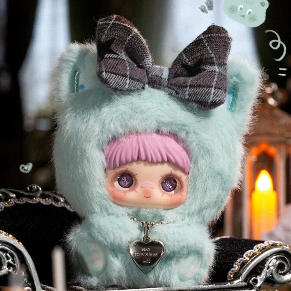 MayMei May I Love You Plush Keychain Blind Box features a kawaii doll in a mint-green animal suit with purple eyes and heart pendant.