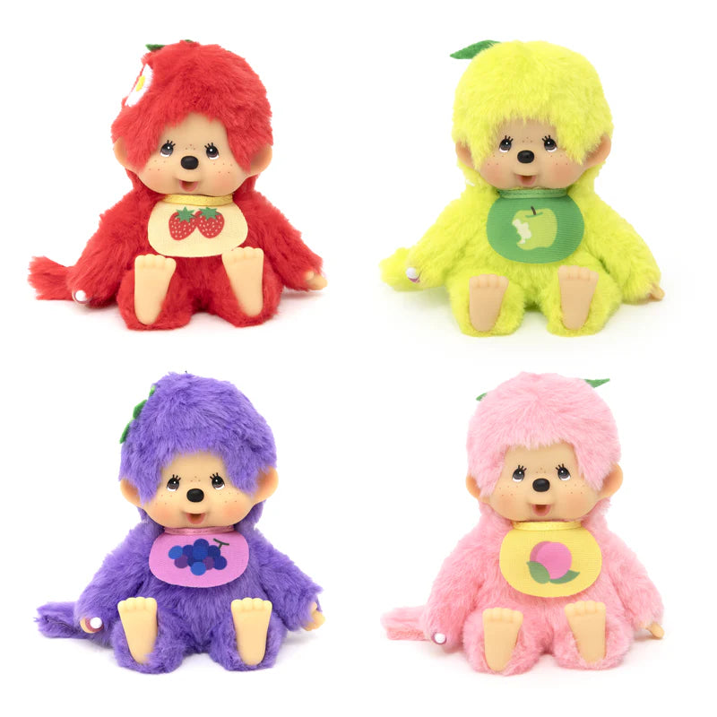 Monchhichi Fruit Beanies Plush dolls, featuring four furry monkey-like figures with human faces, each themed as a different fruit, measuring 5.5 inches.