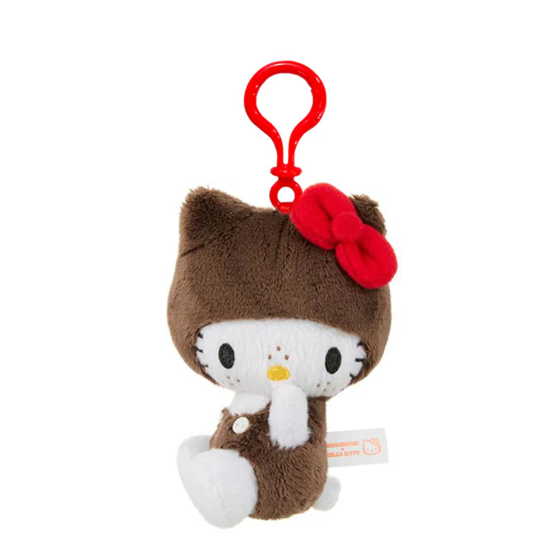 Hello Kitty x Monchhichi HK as MCC Plush Keychain features Hello Kitty in a fuzzy brown costume with ears, red bow, and a red plastic clip, 4.7 plush.