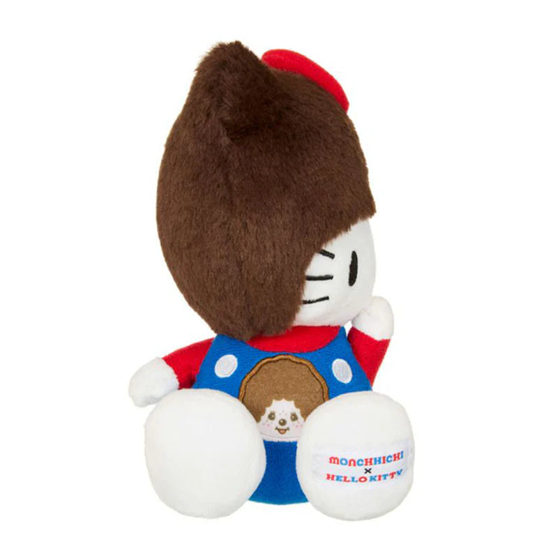 Hello Kitty x Monchhichi Overalls Plush, featuring Hello Kitty in Monchhichi's brown-fur hair, red cap, overalls with Monchhichi face, and Monchhichi × Hello Kitty on foot.