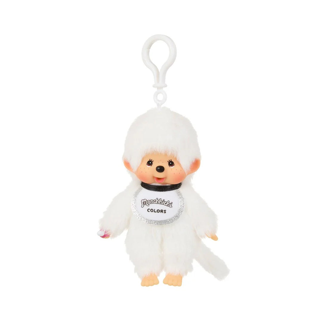 Monchhichi Colors Series Keychain - White: Fluffy Monchhichi monkey with bib, plastic clip, ideal for bags or keys, from Strangecat Toys.