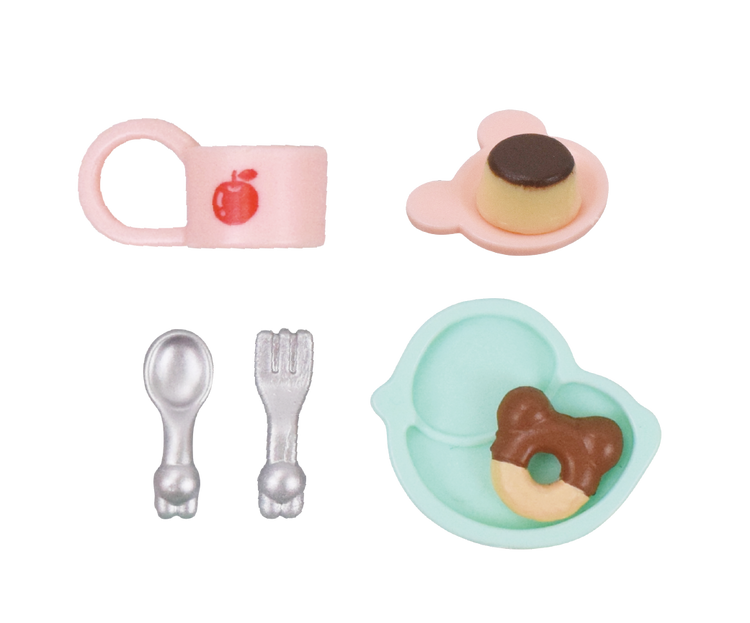 Sylvanian Families Forest Kindergarten Gacha featuring a close-up of a mug, spoon, and donut, highlighting playful tableware elements.
