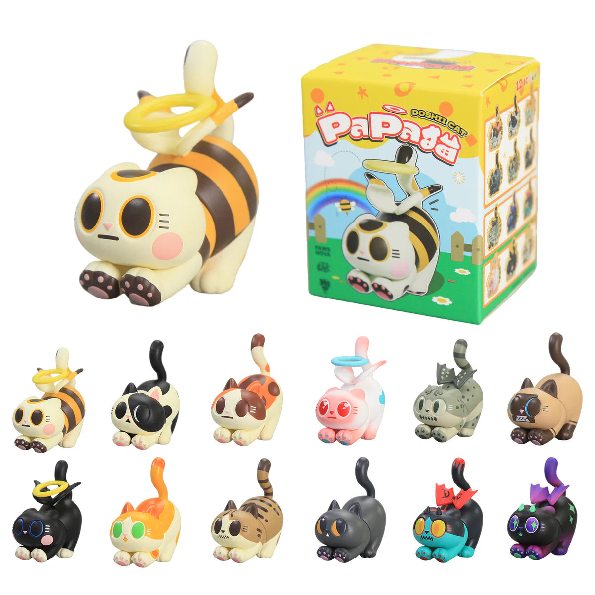 TROUBLE CREW PAPA CAT BLIND BOX featuring a bee-striped cat figure, retail box, and 12 collectible variants with unique tail accessories.