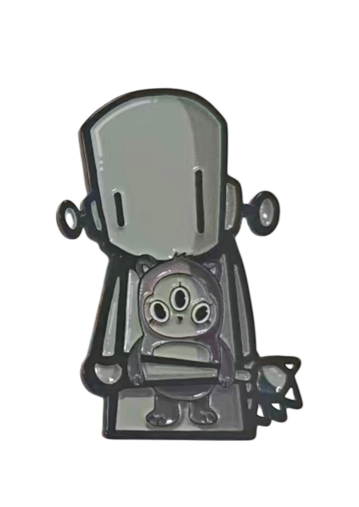 CollectedCon LA RWK Pin - Preorder: Stylized enamel pin with a helmeted figure cradling a smaller creature, featuring graphic robotic design in muted grays. Ships May 2026.