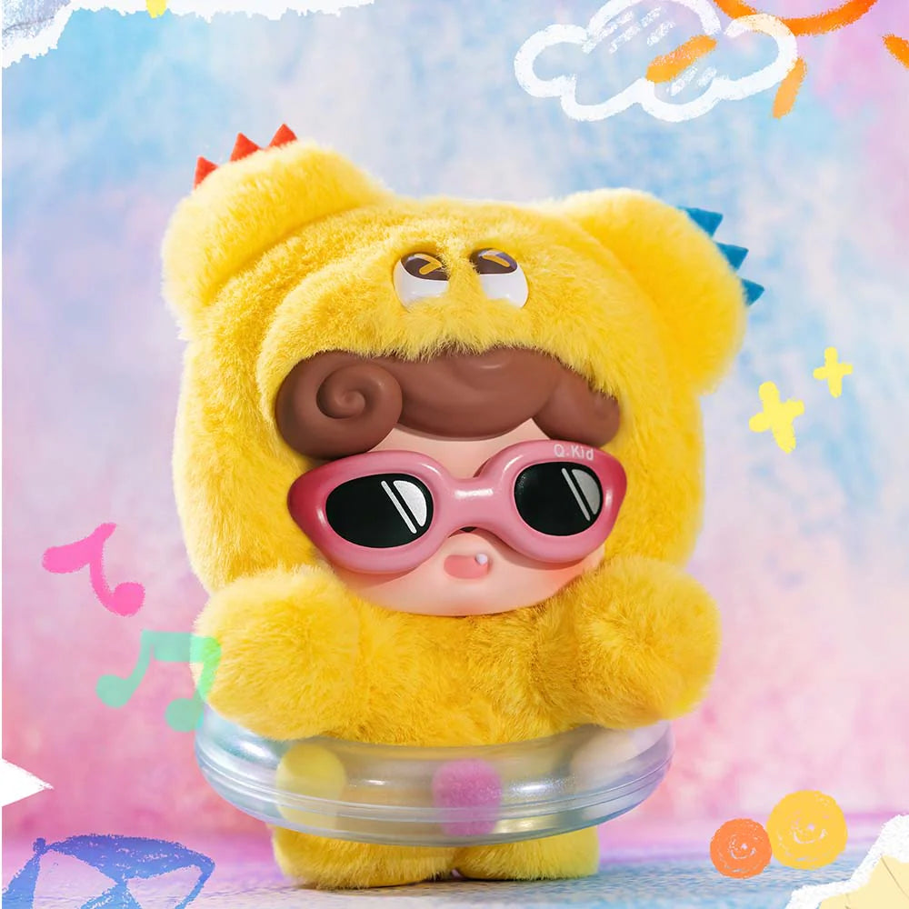 Q.Kid Emotional Hairy Monsters Series Plush Blind Box, featuring six designs and one secret, displayed in a case from Strangecat Toys.