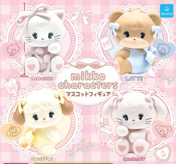 Mikko Characters Mascot Figure Gacha Series featuring cute animal figures: cat, bear, puppy, and bunny, showcased for Strangecat Toys' blind box collection.