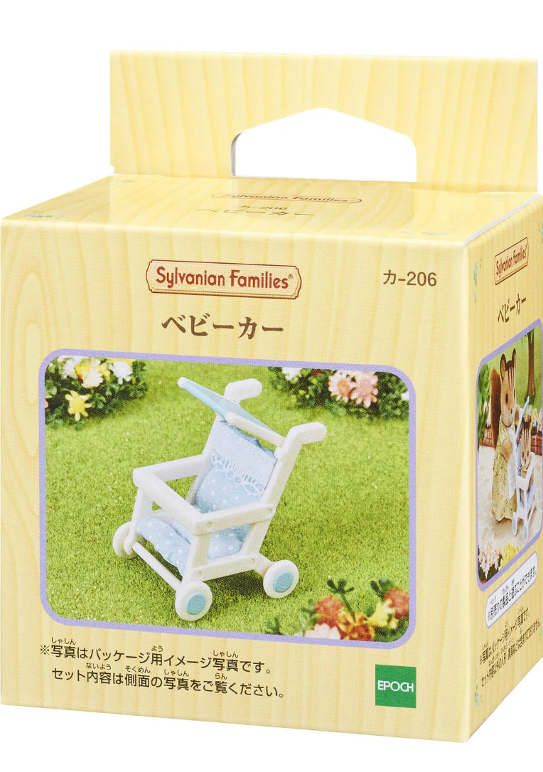 Sylvanian Families Stroller Furniture series, featuring a boxed padded toy stroller with sunshade, perfect for enhancing imaginative play with Calico Critters.